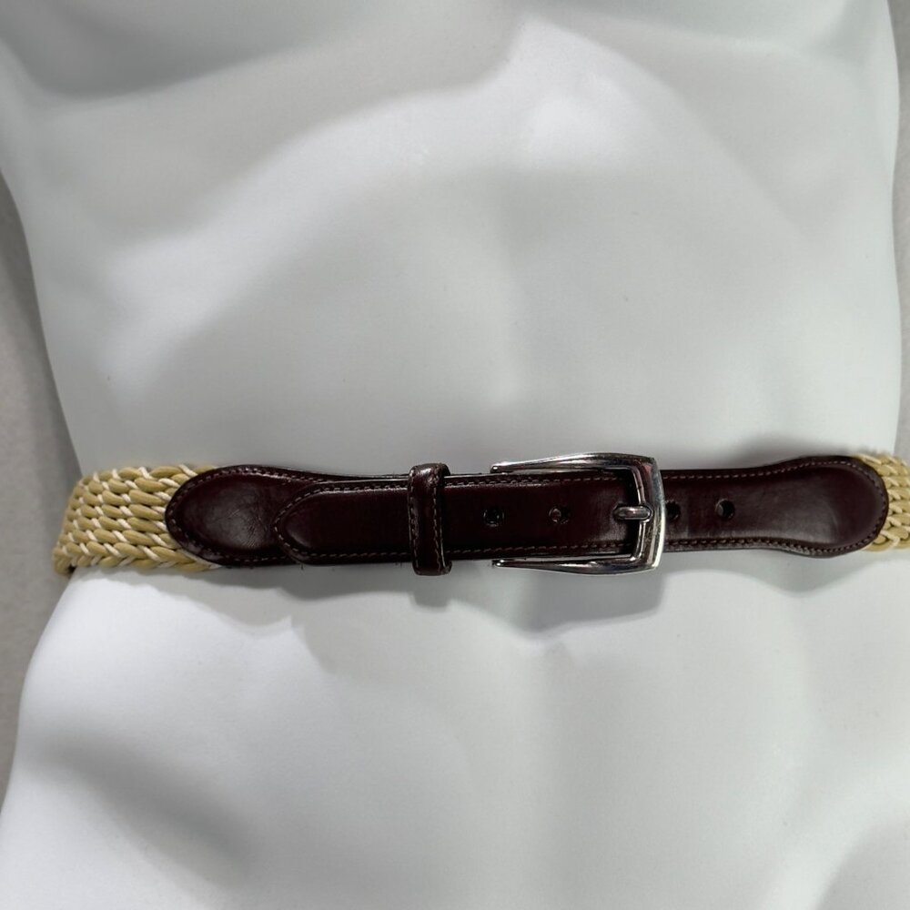 ORVIS Men's Beige & Brown Leather Woven Fabric Belt Silver-Tone Buckle Size 44